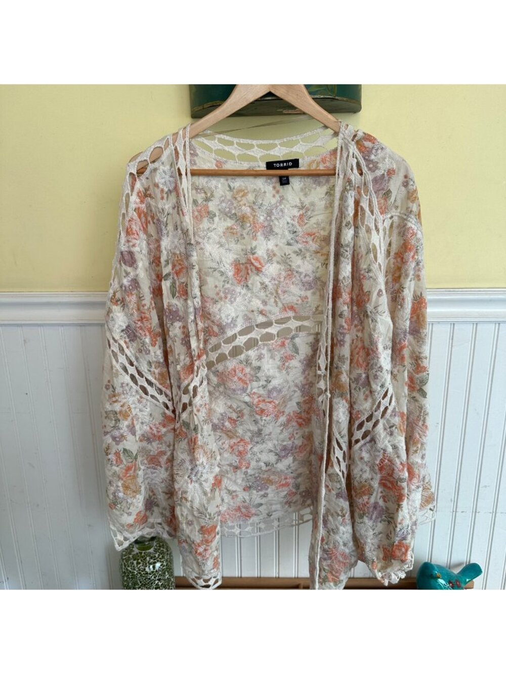 Torrid Floral Lace Open-Front Kimono 3/4 Size 100% Cotton Lightweight Boho Style